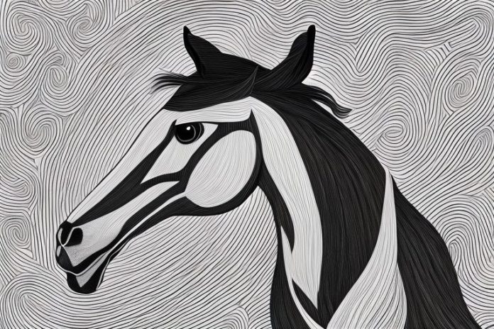 A horse in a black forest setting