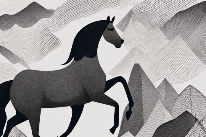 A horse and rider in a black forest landscape