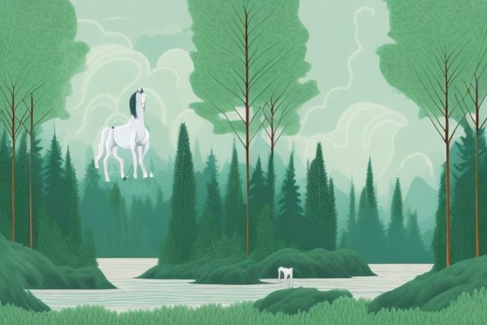 A horse in a forest with trees
