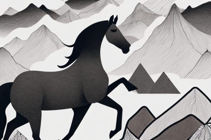A horse and rider in a black forest landscape
