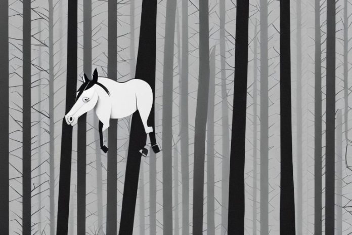A horse galloping through a forest of tall black trees