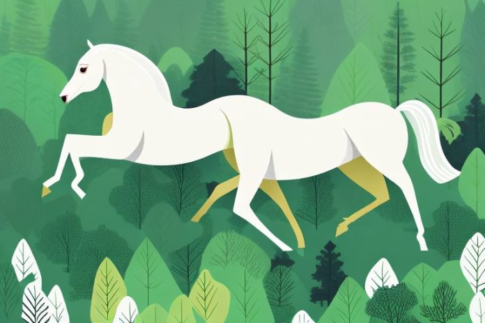 A horse galloping through a forest with trees and foliage in the background
