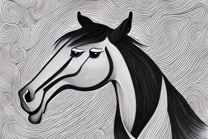 A horse in a black forest setting