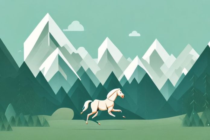 A horse galloping through a forest