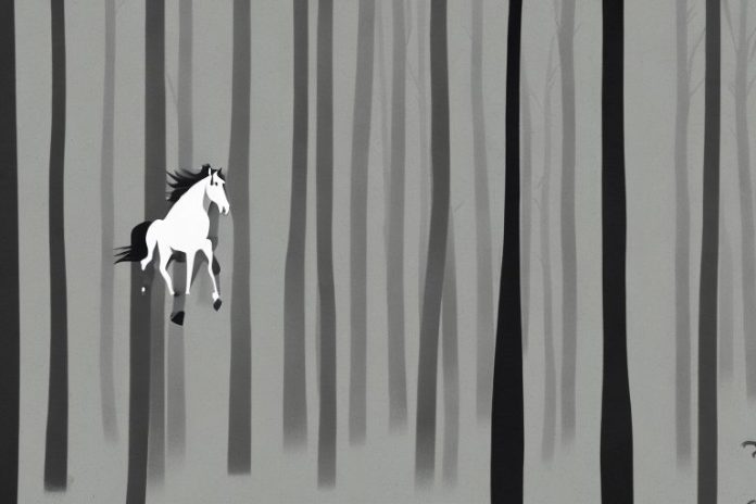 A horse galloping through a forest of tall black trees