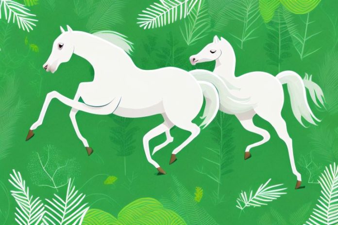 A horse galloping through a lush