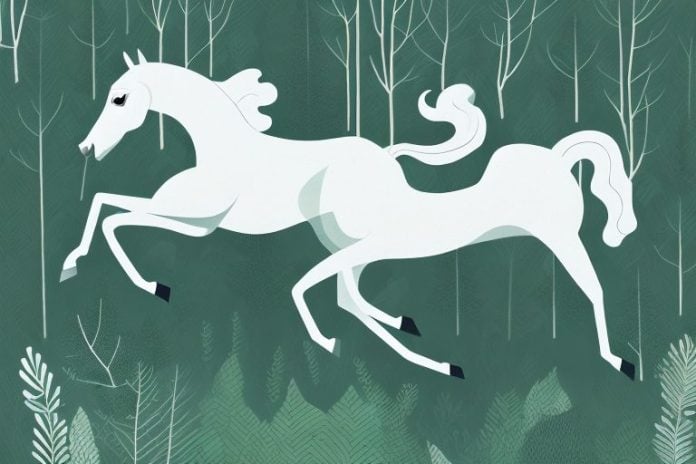 A horse galloping through a dense