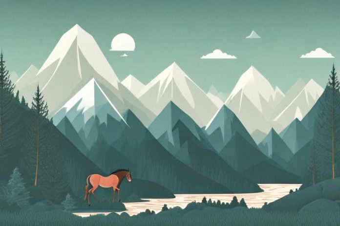 A horse in a black forest landscape