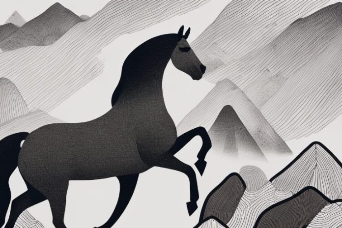 A horse and rider in a black forest landscape