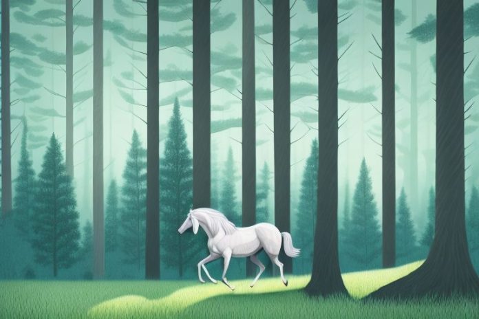 A horse in a forest setting with trees and shadows