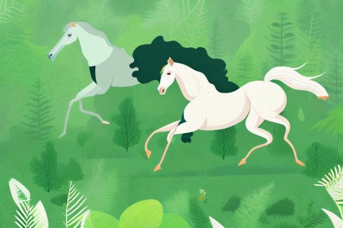 A horse galloping through a lush