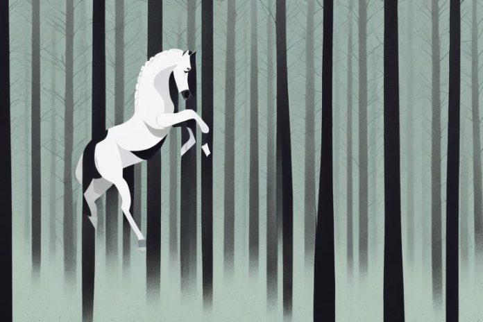 A horse galloping through a forest of tall black trees