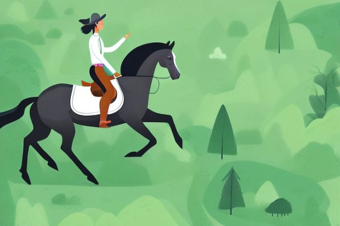 A horse and rider galloping through a lush
