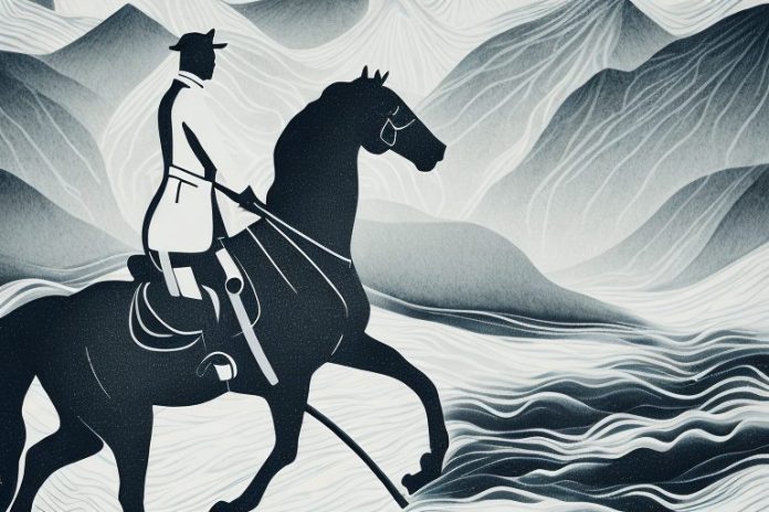 A horse and rider in a black forest setting with a white river running through it