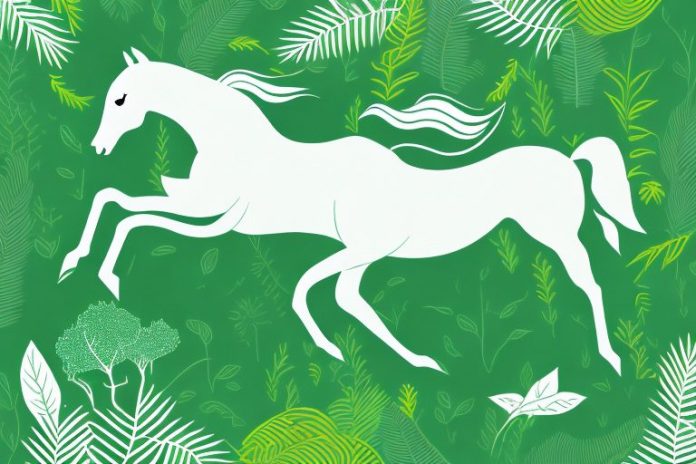 A horse galloping through a lush