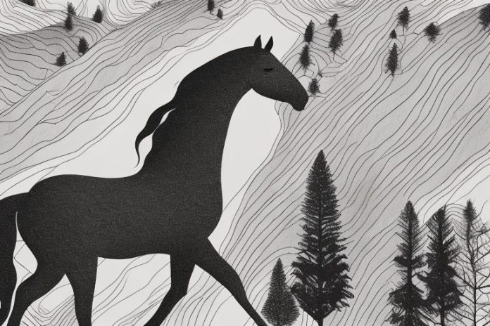A horse in a black forest landscape