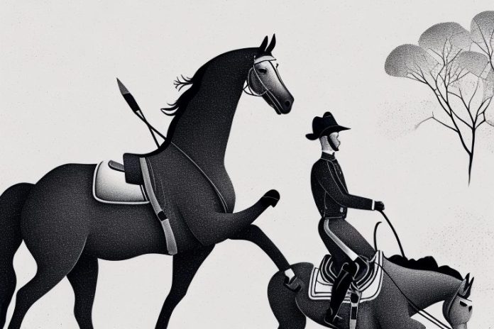 A horse and rider in the black forest landscape of de aar