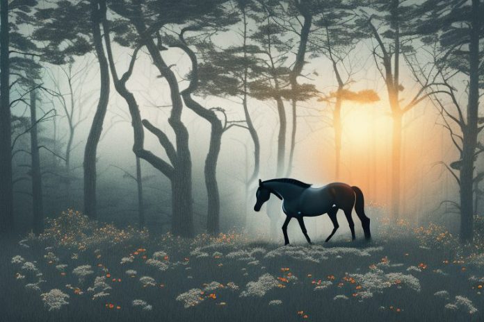 A horse in a black forest landscape