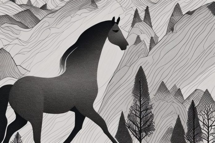 A horse in a black forest landscape