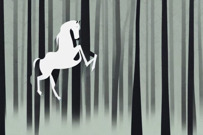 A horse galloping through a forest of tall black trees