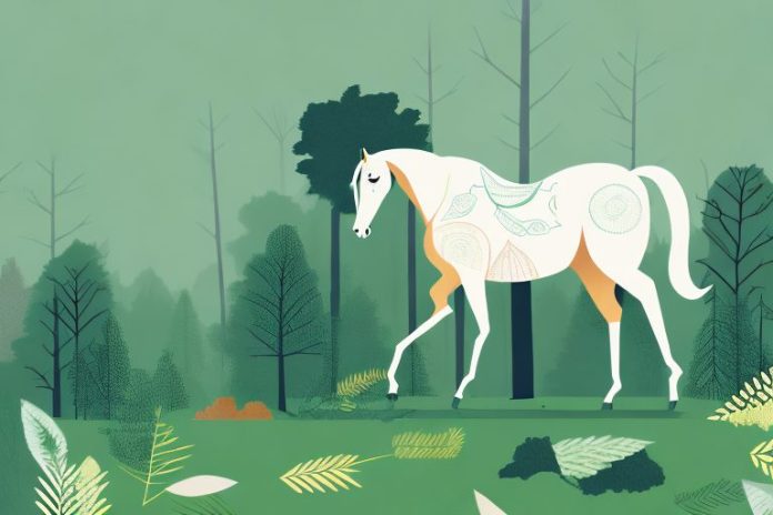 A horse in a forest with trees and foliage in the background