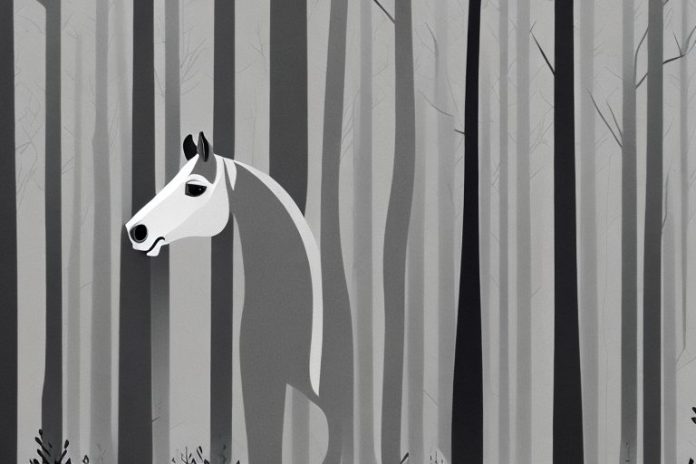A horse galloping through a forest of tall black trees