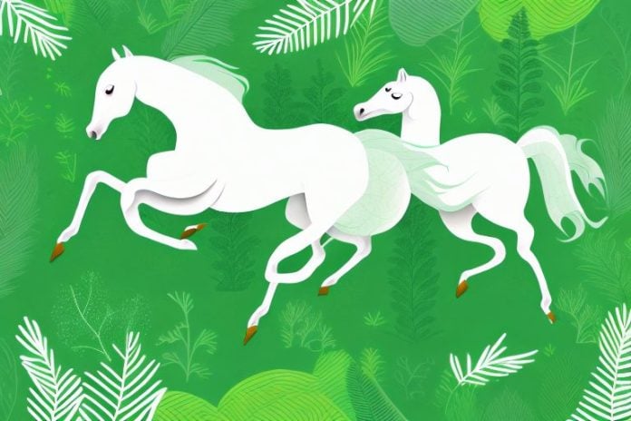 A horse galloping through a lush