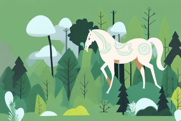 A horse in a forest setting with trees