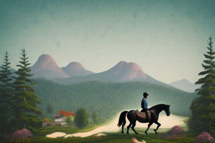 A horse and rider in a scenic black forest landscape