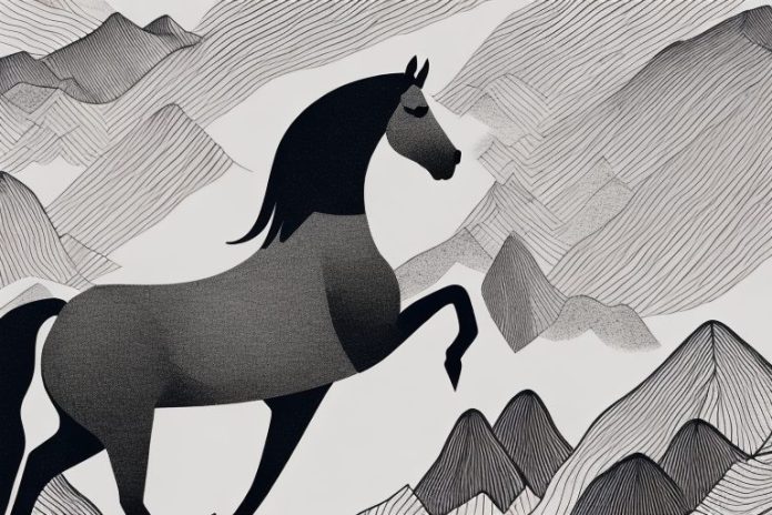A horse and rider in a black forest landscape