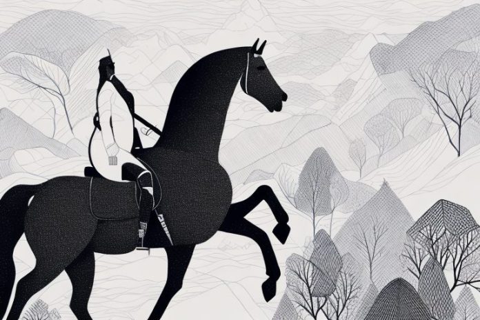 A horse and rider in the black forest landscape of vryburg