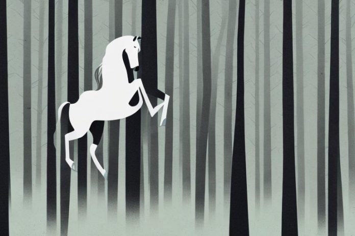 A horse galloping through a forest of tall black trees
