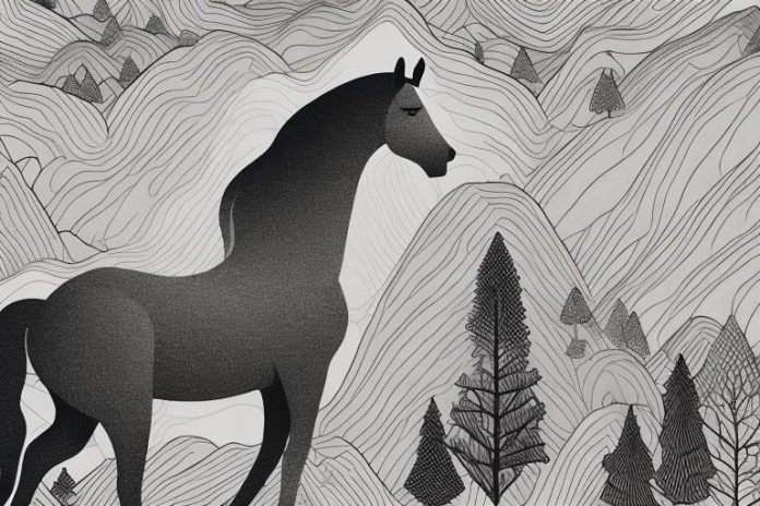 A horse in a black forest landscape