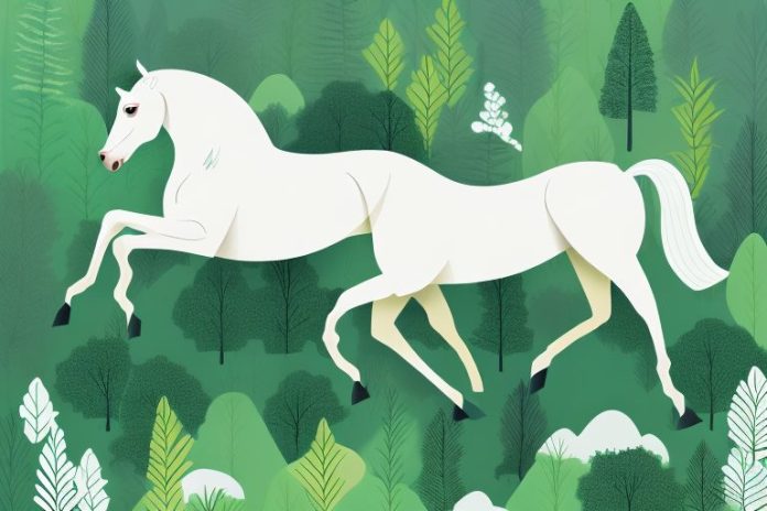 A horse galloping through a forest with trees and foliage in the background