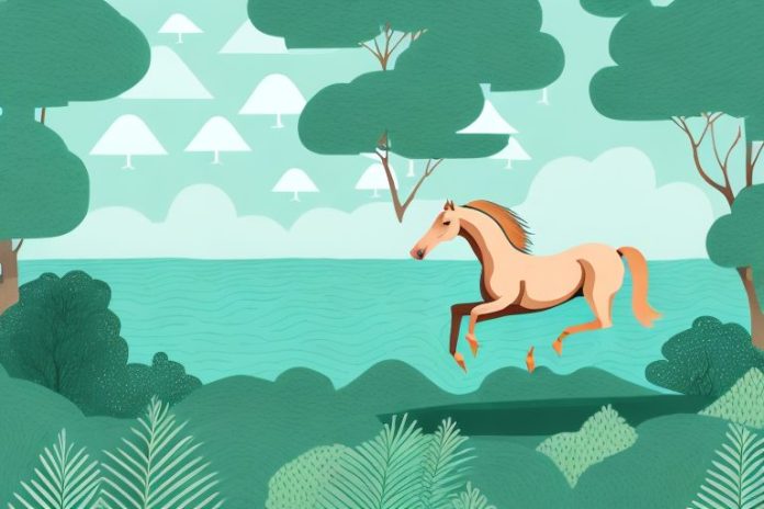 A horse galloping through a forest with a backdrop of the ocean