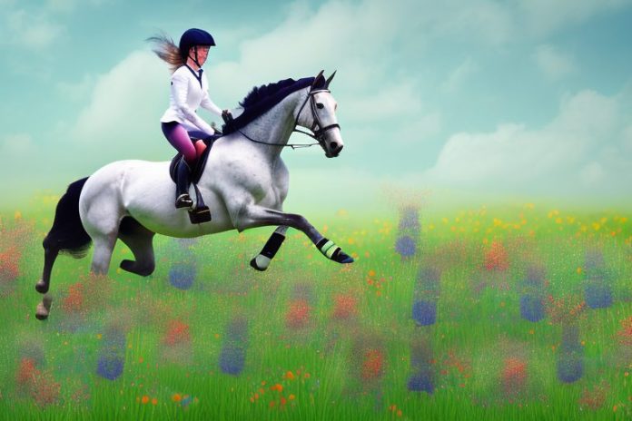 An irish sport horse galloping through a field of wildflowers in newcastle