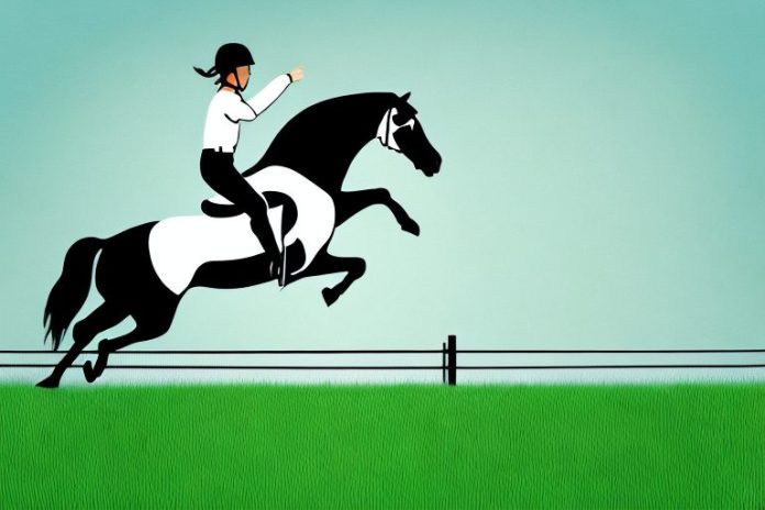 A horse and rider jumping over a fence in a grassy field