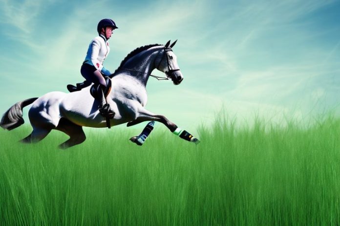 An irish sport horse galloping through a field of tall grass in tongaat