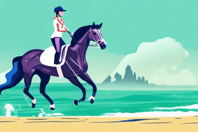 An irish sport horse galloping across a beach in port shepstone