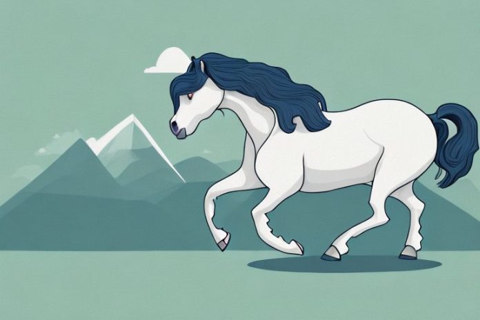 A majestic shire horse galloping through a scenic landscape in the north west