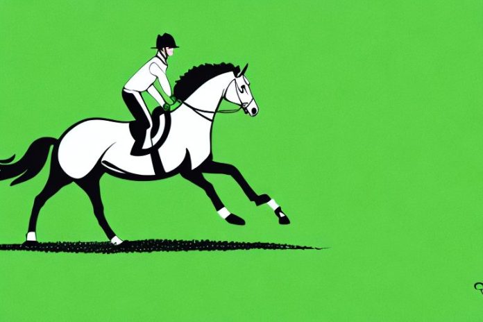 An irish sport horse galloping across a field of lush green grass