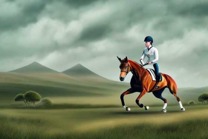 An irish sport horse galloping through a rural landscape in the eastern cape