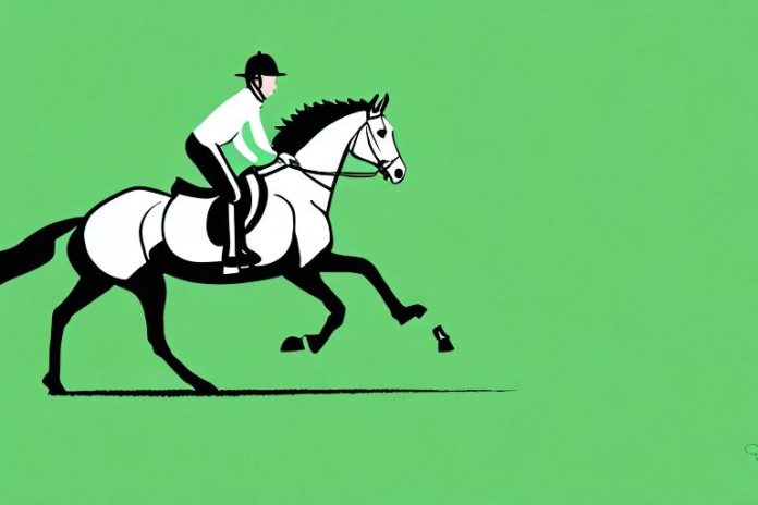 An irish sport horse galloping through a lush green meadow