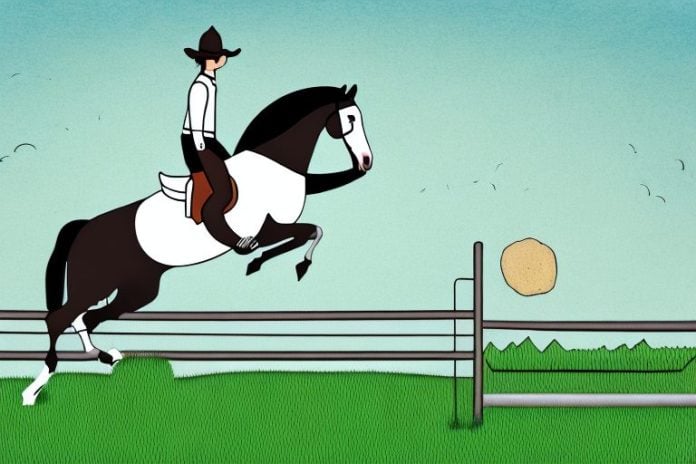 A horse and rider jumping a fence in a rural landscape