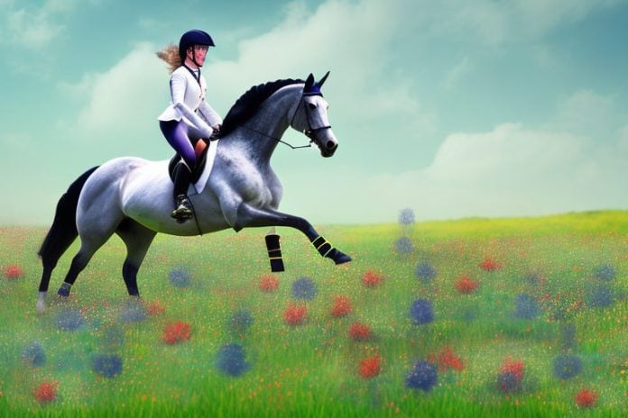 An irish sport horse galloping through a field of wildflowers in sasolburg