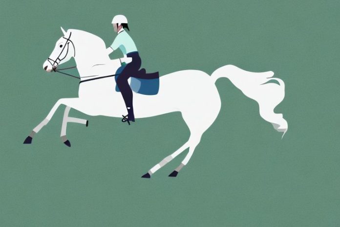 An irish sport horse galloping through a rural landscape
