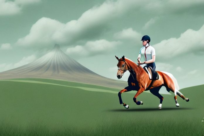 An irish sport horse galloping through a rural landscape near harrismith