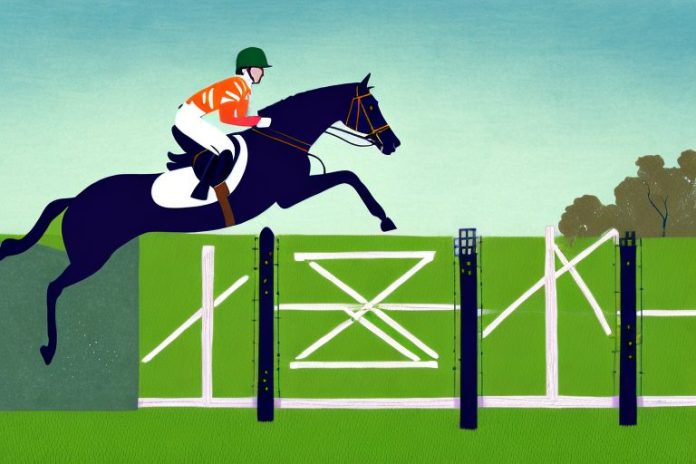 An irish sport horse jumping over a fence in a pretoria landscape