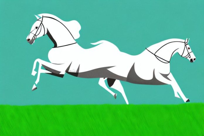An irish sport horse galloping through a grassy field