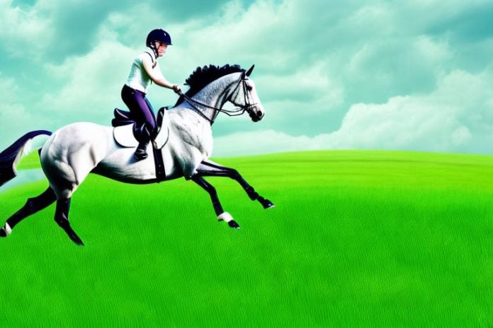 An irish sport horse galloping in a field of lush green grass